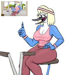 anthro beak blonde_hair bottomwear breasts cleavage clothed clothing erect_nipples exercise exposure_variation eyelashes female hair nipple_outline nipples open_mouth open_smile pants shirt simple_background smile solo sweatband tank_top topwear white_background workout workout_clothing workout_equipment yoga_pants eebahdeebah cartoon_network regular_show hilary_(regular_show) avian bird blue_jay corvid jay_(bird) new_world_jay oscine passerine digital_media_(artwork) hi_res