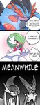 ambiguous_gender anthro blood blood_drip blue_body blush bodily_fluids dialogue dripping duo female glistening glistening_body male nosebleed open_mouth text white_body mgx0 nintendo pokemon "squirtle"_(swampert) yuno_(gardevoir) generation_6_pokemon humanoid mega_blaziken mega_evolution mega_gallade mega_gardevoir mega_swampert pokemon_(species) comic english_text hi_res