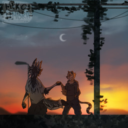 anthro clothing duo fur hand_holding hoodie male male/male markings moon multicolored_body multicolored_fur shirt spots spotted_body spotted_fur sunset t-shirt topwear mikoumbra furiia lupus_carnifex cheetah felid feline mammal rexouium 1:1 hi_res