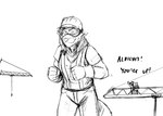 2023 anthro armor black_and_white canid canine canis clothing dialogue english_text excited extreme_size_difference eyewear female goggles group hard_hat headgear helmet hi_res hladilnik kaiju_lady_(hladilnik) larger_female macro mammal monochrome size_difference text topwear trio vest