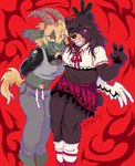 anthro beard bottomwear brown_body brown_fur brown_hair clothing duo facial_hair female fur goatee grin hair red_background sharp_teeth shirt simple_background skirt slightly_chubby smile teeth topwear shonencore bear bovid caprine goat mammal hi_res