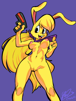 anthro areola bangs blonde_hair bottomless breasts buckteeth clothed clothing clothing_lift eyelashes female fur genitals gun hair innie_vulva navel nipples open_mouth pink_areola pink_nipples ponytail ranged_weapon shirt shirt_lift smile solo teeth topwear vulva weapon yellow_body yellow_fur soina epic_games jazz_jackrabbit_(series) lori_jackrabbit hare lagomorph leporid mammal hi_res