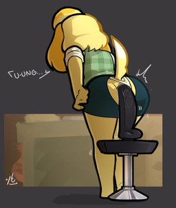 anal anal_fluids anal_masturbation anal_penetration anthro anus blue_bottomwear blue_clothing blue_skirt bodily_fluids bottomwear clothing clothing_aside dildo dildo_in_ass dildo_insertion dildo_sitting dildo_sitting_reveal female female_penetrated fur furniture green_clothing green_topwear looking_pleasured masturbation object_in_ass panties panties_aside penetration raised_tail rear_view sex_toy sex_toy_in_ass sex_toy_insertion skirt solo standing stool tail text topwear torn_bottomwear torn_clothing underwear underwear_aside yellow_body yellow_fur tofuuu animal_crossing nintendo isabelle_(animal_crossing) canid canine canis domestic_dog mammal shih_tzu toy_dog