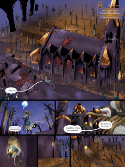 anthro cathedral church crowd dialogue female flesh group jumping light moon moonlight night plant sky sound_effects speech_bubble text tree walking tyunre nafisa_vharr_antrelys bovid caprine mammal 3:4 comic english_text hi_res