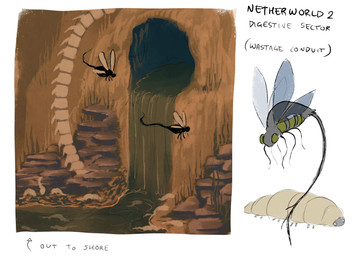 ambiguous_feral ambiguous_gender bone cave detailed_background feral flying green_body green_eyes green_tail green_water grey_body group insect_wings multicolored_body rock tail tan_body text wasteland wings jejejunum arthropod insect larva maggot 2026 digital_drawing_(artwork) digital_media_(artwork) english_text hi_res