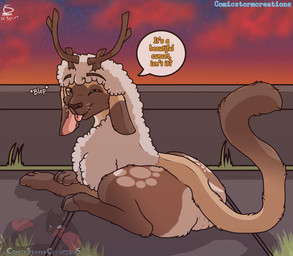3_fingers backsack balls black_nose brown_body brown_fur butt crossed_arms dewclaw_hooves ears_down eyebrows feral fingers fur genitals grass happy hooves horn long_ears long_tail looking_at_viewer male male_feral multicolored_body multicolored_fur on_ground one_eye_closed orange_eyes outside pivoted_ears plant presenting presenting_balls presenting_hindquarters quadruped simple_background solo speech_bubble sunset tail tan_body tan_fur text tongue tongue_out white_body white_fur white_wool wink winking_at_viewer wool_(fur) comicstormcreations zenn_(comicstormcreations) bovid caprine deer domestic_cat felid feline felis hybrid mammal sheep 2025 artist_name colored digital_drawing_(artwork) digital_media_(artwork) english_text hi_res shaded signature