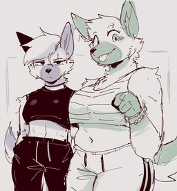 anthro arm_tuft black_bottomwear black_clothing black_nose black_pants black_topwear bottomwear bracelet breasts clothing crop_top duo elbow_tuft eye_scar eyebrow_piercing eyelashes facial_piercing facial_scar female fingers fur gloves_(marking) hair hand_in_pocket jewelry markings midriff mouth_closed narrowed_eyes navel pants piercing pockets scar shirt sleeveless_crop_top sleeveless_shirt sweatpants tongue tongue_out topwear tuft conditional_dnp sonokido ventura_city_drifters rose_naire violet_naire canid canine canis domestic_dog german_shepherd herding_dog mammal pastoral_dog 2026 digital_drawing_(artwork) digital_media_(artwork) english_description hi_res sibling_(lore) sister_(lore) sisters_(lore) twins_(lore)
