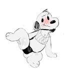 anthro black_nose blush embarrassed fur male raised_leg simple_background solo white_background white_body white_fur pawfunk_(artist) peanuts_(comic) snoopy beagle canid canine canis domestic_dog hunting_dog mammal scent_hound