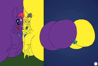anthro astronomical_hyper big_butt bubble_butt buckteeth butt clothing cosmic_background countershade_face countershading crop_top curvy_figure duo earth eyelashes femboy fur hand_holding huge_butt hyper hyper_butt logo male navel open_mouth open_smile planet purple_body purple_fur shirt skull_and_crossbones smile teeth text thick_thighs thong topwear underwear whiskers yellow_body yellow_fur thatdawgmurray bad_habbit_rabbitz hank_(bad_habbit_rabbitz) twitch_(bad_habbit_rabbitz) lagomorph leporid mammal rabbit aliasing artist_logo artist_name digital_media_(artwork) hi_res signature