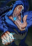 ambiguous_gender blue_body blue_horn blue_scales blurred_background bodily_fluids cheek_spikes facial_spikes fangs feral horn mouth_shot narrowed_eyes open_mouth pupils saliva saliva_on_tongue saliva_string scales sharp_teeth slit_pupils solo spikes spikes_(anatomy) teeth text tongue tongue_out white_body white_scales yellow_eyes santanahoffman mythology dragon mythological_creature mythological_scalie scalie artist_name hi_res