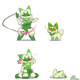 ambiguous_gender anthro biped blush duo eyes_closed feral fur green_body green_fur quadruped red_eyes simple_background white_background tontaro nintendo pokemon floragato generation_9_pokemon pokemon_(species) sprigatito 1:1 2d_animation animated animated_gif loop short_playtime