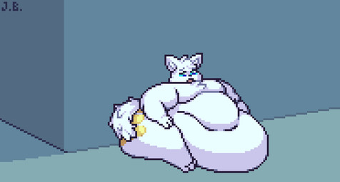 anthro belly belly_on_ground belly_rolls big_belly big_cheeks blue_eyes breathing chubby_cheeks fur hand_on_leg hand_on_thigh huge_belly hungry hyper hyper_belly immobile male markings moobs morbidly_obese morbidly_obese_anthro morbidly_obese_male navel nude obese obese_anthro obese_male overweight overweight_anthro overweight_male rumbling_stomach sitting sitting_on_ground solo three-quarter_view white_body white_fur wide_hips yellow_markings jellybru blitz_(thelightking) canid canine canis mammal wolf 2024 animated digital_media_(artwork) loop pixel_(artwork) pixel_animation signature