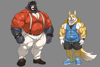 abs anthro beard biceps black_body black_bottomwear black_clothing black_fur black_shirt black_shorts black_tank_top black_topwear black_wristband blue_clothing blue_eyes blue_footwear blue_hoodie blue_shoes blue_sneakers blue_topwear bottomwear brown_clothing brown_footwear brown_hair brown_shoes claws clock clothed clothing collared_shirt dress_shirt duo eyewear facial_hair finger_claws footwear fur glasses gloves_(marking) grey_background hair hoodie male markings multicolored_body multicolored_fur musclegut muscular muscular_anthro muscular_male mustache nipples open_clothing open_shirt open_topwear pants pawpads pecs rainbow_pattern rainbow_watchband rolled_up_sleeves shirt shoes shorts simple_background sleeveless_hoodie sneakers suspenders tail tank_top tight_clothing topwear two_tone_body two_tone_fur watch white_body white_bottomwear white_clothing white_fur white_pants wristwatch yellow_body yellow_fur meloncookie_24 huge_(hugothecorgo) hugo_(hugothecorgo) bear black_bear canid canine canis domestic_dog herding_dog mammal moon_bear pastoral_dog ursine welsh_corgi 2025 3:2 hi_res