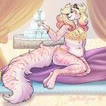 2018 anthro belly big_belly blonde_hair blue_eyes dated digital_media_(artwork) facial_spots felid female fur grin hair hi_res mammal markings marzipan_(spottedtigress) multicolored_hair navel overweight overweight_anthro overweight_female pantherine pink_body pink_fur pink_hair signature sitting smile solo spots spotted_arms spotted_face spotted_legs spotted_markings spotted_tail striped_arms striped_body striped_fur striped_legs striped_markings striped_tail stripes tail tail_markings tiger tiggybloom two_tone_hair white_body white_fur