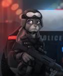 5:6 anthro armor car clothed clothing detailed detailed_background disney ears_down female flakjackal fur grey_body grey_fur gun headgear hi_res holding_gun holding_object holding_ranged_weapon holding_weapon inner_ear_fluff judy_hopps lagomorph leporid mammal pivoted_ears purple_eyes rabbit ranged_weapon signature solo standing tuft vehicle weapon zootopia