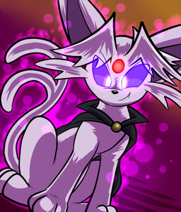 ambiguous_gender black_cape black_clothing black_nose cape cheek_tuft closed_smile clothing eyebrows facial_tuft feral forehead_gem fur gem glowing hair mouth_closed paws pink_body pupils purple_eyes quadruped red_gem sharp_teeth smile solo tail teeth toony translucent translucent_hair tuft white_pupils virmir nintendo pokemon virmir_(character) eeveelution espeon generation_2_pokemon pokemon_(species) 2025 absurd_res hi_res signature