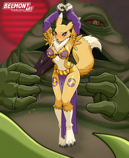 3_toes 4_fingers anthro arm_warmers armlet arms_above_head armwear barefoot bdsm big_breasts biped black_claws black_eyebrows black_markings black_nose black_sclera blue_eyes blush blush_lines blushing_at_viewer bodily_fluids bondage bottomwear bound bra breasts chain claws clothed clothed/nude clothed_female clothing collar colored_saliva cosplay costume countershade_fur countershade_torso countershading crossover_cosplay detached_sleeves dipstick_ears dipstick_tail dominant dominant_male double_tomoe dripping drooling drooling_tongue duo ear_markings eye_markings eyebrows facial_markings feet female female_focus finger_claws fingers fluffy fluffy_tail front_view fur fur_tuft glistening glistening_legs glistening_thighs gloves_(marking) gold_(metal) gold_armlet gold_jewelry green_body green_hands green_saliva hands_above_head hands_tied head_markings interspecies iris jewelry larger_male leg_markings legs_together loincloth long_loincloth long_tail long_tongue male male/female markings mouth_closed multicolored_body multicolored_ears multicolored_eyes multicolored_fur neck_tuft nude nude_male open_mouth pupils purple_arm_warmers purple_armwear purple_bottomwear purple_bra purple_clothing purple_collar purple_detached_sleeves purple_loincloth purple_markings purple_tongue purple_underwear raised_arm raised_arms raised_tail red_eyes red_sclera saliva saliva_drip saliva_on_tongue size_difference skimpy slave slave_leia_costume slit_pupils smaller_female socks_(marking) submissive submissive_female suspension suspension_bondage tail tail_markings text thigh_markings thin_eyebrows toe_claws toes tomoe_(symbol) tongue tuft two_tone_body two_tone_eyes two_tone_fur underwear unusual_bodily_fluids unusual_saliva white_body white_countershading white_ear_tips white_feet white_fur white_hands white_markings white_tail_tip white_tuft yellow_body yellow_breasts yellow_ears yellow_eyes yellow_fur yellow_tail belmont_art1 bandai_namco digimon star_wars jabba_the_hutt alien canid canine digimon_(species) fox hutt mammal renamon absurd_res artist_name crossover hi_res shaded