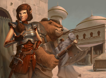 anthro armor axe breastplate brown_body brown_fur clothing day detailed_background female fingerless_gloves fur gloves group handwear holding_axe holding_object humanoid_pointy_ears male melee_weapon outside pauldron pointy_ears smile standing sword vehicle wagon weapon ugo_chiola bear elf human humanoid mammal 2015