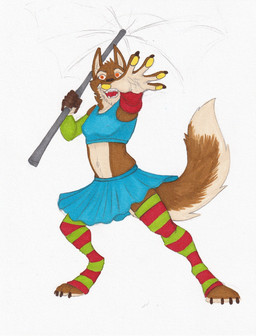 anthro blue_bottomwear blue_clothing blue_skirt blue_topwear bottomwear brown_body brown_fur brown_tail clothed clothing fangs female female_anthro fingerpads front_view fur holding_object holding_umbrella legwear looking_at_viewer open_mouth pattern_clothing pattern_legwear pawpads red_eyes red_tongue skirt slim_anthro slim_female solo standing striped_clothing striped_legwear stripes tail tan_body tan_fur tan_tail teeth tongue topwear umbrella yellow_pawpads hufnaar canid canine mammal full-length_portrait hi_res portrait