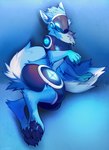 2023 4_toes 5_fingers aaresh ambiguous_gender angiewolf big_tail blue_body blue_fur digital_media_(artwork) digitigrade feet fingers fur lying machine on_side pawpads paws protogen simple_background solo tail toes