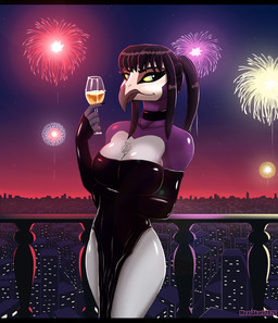 anthro armwear beak breasts champagne_glass chest_tuft city city_background cityscape cleavage clothed clothing collar container cup dress drinking_glass elbow_gloves feathers female fingerless_gloves fireworks glass glass_container glass_cup gloves hair handwear holding_champagne_glass holding_glass holding_object holidays looking_aside mouth_closed solo tuft quarko-muon disney new_year the_lion_guard the_lion_king anga_(the_lion_guard) accipitrid accipitriform avian bird eagle 2026 hi_res signature