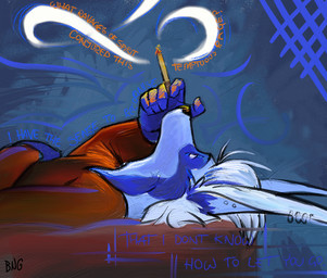 anthro biped cigarette clothed clothing ear_piercing holding_object lying male on_back piercing side_view simple_background smoking solo text bng sarah_mclachlan stonephox canid canine mammal english_text source_request