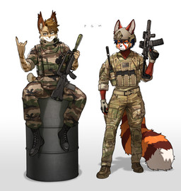 5_fingers anthro armor biped bottomwear clothed clothed_anthro clothed_male clothing duo fingers footwear front_view fully_clothed fully_clothed_anthro fully_clothed_male fur gun hair headgear helmet holding_gun holding_object holding_ranged_weapon holding_weapon male pants ranged_weapon shoes sitting smile standing tail topwear weapon pgm300 ailurid felid feline lynx mammal red_panda 2025 absurd_res digital_drawing_(artwork) digital_media_(artwork) hi_res