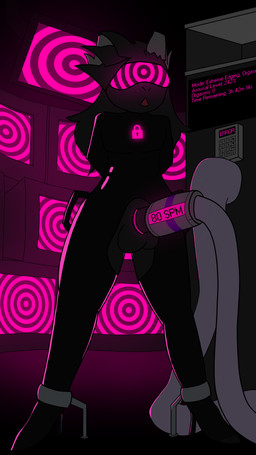anthro balls black_body black_fur clothing drone dronification edging fur genitals handles_on_hips horn hypnosis hypnotic_device hypnotic_screen hypnotic_visor latex latex_clothing latex_skinsuit mind_control orgasm_denial orgasm_denial_ring penile penis penis_milking penis_milking_machine skinsuit solo tight_clothing sobertodef bahphome bovid caprine goat mammal 4k 9:16 absurd_res hi_res