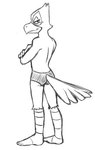 anthro barefoot beak briefs butt clothed clothing colored_underwear crossed_arms feet male simple_background smile solo topless underwear white_background thegreatmatsutzu nintendo star_fox falco_lombardi avian bird black_and_white monochrome sketch