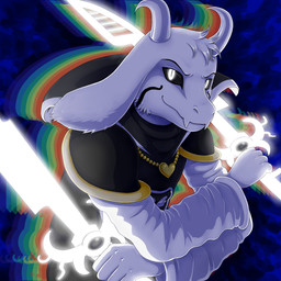 anthro black_sclera blade clothing fur heart_symbol horn jewelry locket long_ears male melee_weapon necklace rainbow shoulder_pads smile solo sword weapon white_body white_fur evomanaphy undertale undertale_(series) asriel_dreemurr_(god_form) boss_monster_(undertale) bovid caprine mammal 1:1 hi_res