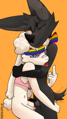 5_fingers accessory adolescent adolescent_anthro adolescent_on_adolescent anthro balls band-aid band-aid_on_face band-aid_on_nose bandage bandage_on_face bandage_on_nose black_body black_eyebrows black_fur black_nose blep blue_eyes bottomless bottomless_anthro bottomless_male bow_ribbon closed_smile clothed clothed/nude clothed_anthro clothed_male clothing crop_top duo erection eyebrows eyes_closed fingers flipping_viewer_off foreskin frown frowning_at_viewer fur genitals gesture gesturing_at_viewer glans hair hand_gesture head_tuft headband headgear hug hugging_another humanoid_genitalia humanoid_hands humanoid_penis interspecies lgbt_pride looking_at_viewer male male/male male_adolescent male_anthro middle_finger mouth_closed multicolored_headband multicolored_headgear navel nude nude_anthro nude_male partially_retracted_foreskin penis pink_clothing pink_crop_top pink_glans pink_shirt pink_topwear pride_color_accessory pride_color_clothing pride_colors red_tongue shirt short_tail simple_background slim slim_anthro slim_male smile tail tail_motion tailwag text tongue tongue_out topwear tuft white_body white_fur white_hair yellow_background young young_anthro young_male young_on_young aydrithebat aydri_(aydrithebat) tomo_(aydrithebat) bat lagomorph leporid mammal rabbit wingless_bat 4k 9:16 absurd_res artist_name english_description hi_res