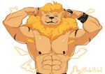 abs anthro armpit_hair black_nipples body_hair flexing looking_at_viewer male mane muscular muscular_male nipples pubes solo raskalaskal bandai_namco digimon digimon_(species) felid leomon lion mammal pantherine hi_res