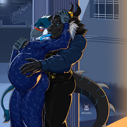 5_fingers anthro arm_markings beak beak_markings belly biped black_body black_bottomwear black_clothing black_eyebrows black_hair black_pants black_sclera black_tail blue_clothing blue_dress blue_eyes blue_markings blue_shirt blue_tail blue_tongue blue_topwear blush bottomwear bulge clothed clothing dress duo eyebrows fingers fully_clothed green_eyes hair hand_markings hand_on_belly horn horn_jewelry hug hugging_another hugging_from_behind jewelry long_tongue male male/male markings neck_tuft outside pants pregnant pregnant_male red_markings romantic shirt simple_background spiked_tail spikes spikes_(anatomy) tail tail_tuft text tight_clothing tight_dress tongue tongue_out topwear tuft white_hair khayen mythology dragon gryph mythological_creature mythological_scalie scalie 1:1 2026 absurd_res artist_name colored digital_drawing_(artwork) digital_media_(artwork) english_text hi_res portrait shaded signature three-quarter_portrait