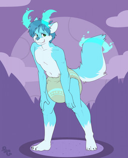 4_toes 5_fingers ambiguous_gender anthro big_diaper blue_body blue_ear_tips blue_fur blue_hair blue_nose blue_tail claws clean_diaper clothed clothing cloud diaper diaper_only dipstick_ears ear_markings feet fingers fur grey_claws grey_toe_claws hair hands_on_knees hands_on_legs leaning leaning_forward leg_markings logo magic magic_user markings moon multicolored_body multicolored_ears multicolored_fur navel plant purple_sky sky smile socks_(marking) solo standing tail teeth three-quarter_view toe_claws toes topless tree two_tone_body two_tone_fur two_tone_tail wearing_diaper white_body white_fur white_inner_ear white_tail bubblepuppers pagos_volkor canid canine canis fairy mammal wolf artist_logo full-length_portrait hi_res portrait story story_in_description