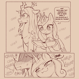 :3 blush bodily_fluids book crown dialogue duo eyelashes female female/female feral headgear hooves horn magic onomatopoeia open_mouth saliva sound_effects speech_bubble sweat talking_feral text tiara unicorn_horn wings cold-blooded-twilight friendship_is_magic hasbro my_little_pony mythology princess_cadance_(mlp) queen_chrysalis_(mlp) changeling equid equine mammal mythological_creature mythological_equine winged_unicorn 1:1 2025 english_text hi_res monochrome