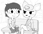 anthro bench bodily_fluids bottomwear clothed clothing dress duo female fully_clothed male on_bench outside park short_dress sweat text alfa995 animal_crossing nintendo diana_(animal_crossing) villager_(animal_crossing) deer human mammal 5:4 animated greyscale low_res monochrome short_playtime