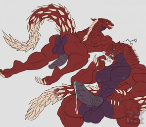 anthro areola balls barazoku biceps big_balls big_penis black_balls black_body black_penis black_sclera blue_eyes bodily_fluids butt claws cum cum_drip dark_sclera dripping ears_back erection fangs flaccid genital_fluids genitals heart_symbol humanoid_genitalia humanoid_penis hybrid_genitalia hybrid_penis knot knotted_humanoid_penis knotted_penis lying male mouth_closed multiple_poses muscular muscular_anthro muscular_male nipples no_pupils nude on_front open_mouth penis pivoted_ears pose presenting presenting_hindquarters raised_tail red_body sitting solo spiked_knuckles spiked_tail spikes spikes_(anatomy) tail teeth thick_thighs toe_claws triceps daikuhiroshiama capcom monster_hunter fanged_wyvern odogaron 2025 hi_res