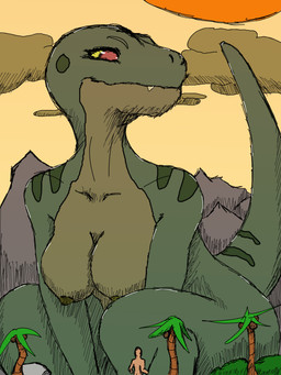 anthro big_breasts breasts female macro macro_female nude solo tail elity king_kong_(2005) dinosaur prehistoric_species reptile saurischian scalie theropod tyrannosaurid tyrannosauroid tyrannosaurus tyrannosaurus_rex vastatosaurus_rex 3:4 absurd_res hi_res