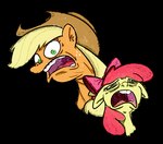 accessory black_background black_eyes blonde_mane bow_ribbon duo eyelashes female feral freckled_face freckles frown frowning_at_viewer hair_accessory hair_bow hair_ribbon hair_tie long_mane looking_at_viewer mane medium_mane open_frown open_mouth pink_bow pink_tongue red_hair_tie red_mane red_tongue ribbons sad scared simple_background teeth tongue white_freckles young young_female young_feral cookieboy011 friendship_is_magic hasbro my_little_pony apple_bloom_(mlp) applejack_(mlp) earth_pony equid equine horse mammal pony 2018 bust_portrait colored digital_drawing_(artwork) digital_media_(artwork) english_description portrait shaded sibling_(lore) sister_(lore) sisters_(lore)