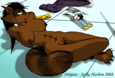 abs amber_eyes anthro barefoot bdsm big_breasts biped black_nose bondage bound breasts brown_body brown_fur brown_hair brown_nipples captured clothing clothing_on_floor discarded_clothing drugged feet female fluffy fluffy_tail fur genitals gun hair hands_behind_back humanoid_pointy_ears long_hair muscular muscular_anthro muscular_female nipples nude on_ground open_mouth paws pointy_ears ranged_weapon rifle shadow solo submissive submissive_female substance_intoxication tail undressed vulva weapon spike_harlem teenage_mutant_ninja_turtles ninjara_(tmnt) canid canine fox mammal 2008