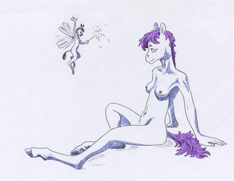 anthro breasts duo female flying hooves magic_wand male mane nude nude_anthro purple_mane simple_background sitting unguligrade wings adeptus-monitus equid equine fairy horse mammal pony traditional_media_(artwork)