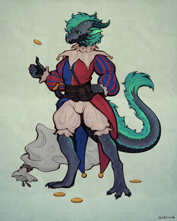 anthro bag black_body black_scales blue_body blue_hair blue_scales claws clothed clothing coin digitigrade ear_piercing facial_horn facial_spikes green_body green_hair green_membrane green_scales green_wings grey_body grey_scales hair horn jaw_spikes jester male mane membrane_(anatomy) nose_horn palette piercing scales simple_background solo spikes spikes_(anatomy) stripes tail tail_tuft text tuft tufted_fur wings tashiroth dungeons_and_dragons hasbro mythology wizards_of_the_coast dragon kobold mythological_creature mythological_scalie scalie full-length_portrait hi_res portrait signature