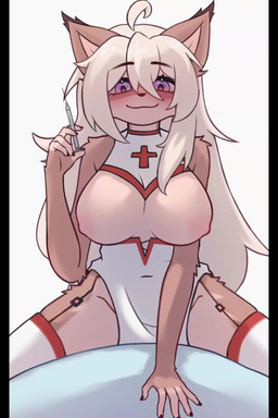 anthro blonde_hair breasts clothing dress_up exposed_breasts female garter_straps hair legwear long_hair looking_at_viewer looking_down looking_down_at_viewer nurse purple_eyes solo spread_legs spreading stockings straddling syringe croli_x mayrin_(character) felid feline lynx mammal 2:3 animated hi_res no_sound short_playtime video