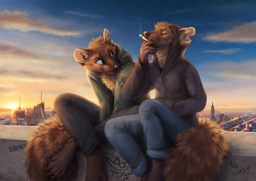 5_toes anthro barefoot brown_body brown_fur building cigarette city claws clothed clothing cloud detailed_background duo feet fluffy fluffy_tail fully_clothed fur graffiti hoodie looking_at_another male notched_ear open_mouth open_smile outside scruffy sitting sky smile smoking sunset tail toes topwear whiskers kebi kenket gulonine mammal marten mustelid musteline pine_marten 2020 artist_collaboration detailed