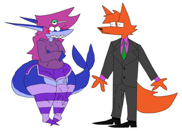 anthro big_penis blush blush_lines breasts bulge bulge_size_difference clothing couples down_the_leg_bulge duo erection erection_under_clothing eyewear genitals glasses gynomorph gynomorph/male hair intersex intersex/male long_hair male penis penis_in_thigh_high small_breasts tail funny_frendo34 frendo lillian-b_lolly lolly_(lucid_lotus_lolly) aquatic canid canine fish fox hybrid mammal shark absurd_res hi_res trans_(lore) trans_woman_(lore)