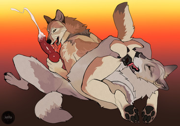 69_position animal_genitalia animal_penis animal_vulva anthro anthro_on_anthro anus bodily_fluids brown_body brown_fur canine_genitalia canine_penis canine_vulva cum cumshot cunnilingus duo ejaculation erection fellatio female fur genital_fluids genitals gradient_background grey_body grey_fur holding_penis intraspecies knot knot_root_grab knotted_penis licking looking_back lying male male/female nude nude_anthro nude_female nude_male on_back open_mouth oral orange_background pawpads paws penile penis penis_lick rear_view red_background sex simple_background tongue tongue_out vaginal vulva yellow_background jetraraven canid canine canis mammal wolf hi_res