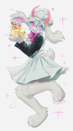 ambiguous_gender anthro blush blush_lines bow_ribbon chef_hat claws clothing eyewear fangs food fruit fur glasses hair hat headgear headwear heart_symbol holding_food holding_object horn looking_at_viewer open_mouth pancake paws pink_eyes plant simple_background solo sparkles strawberry tail teeth tongue white_body white_fur white_hair bunsidhe deltarune undertale_(series) ralsei bovid caprine mammal 2025 9:16 hi_res signature male_(lore)