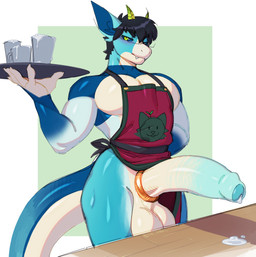 2_horns accessory anthro apron balls bared_fangs big_balls big_penis biped black_hair blue_body clothing cock_ring cute_fangs erection fangs foreskin genitals glasses_in_cum green_eyes green_horn hair horn humanoid_genitalia humanoid_penis jewelry male muscular muscular_anthro muscular_male penis penis_accessory penis_jewelry solo standing teeth waiter waiter_tray white_body torou european_mythology mythology dragon mythological_creature mythological_scalie scalie western_dragon 2026 absurd_res hi_res