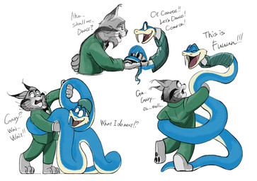 anthro blue_body blue_scales clothing dancing dialogue duo feral fur grey_body grey_fur happy male scales smile suit text wasi_oekakilion disney zootopia gary_de'snake pawbert_lynxley canada_lynx felid feline lynx mammal pit_viper reptile scalie snake viper english_text hi_res