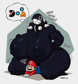 areola arm_support big_areola big_breasts biped black_areola black_body black_facial_hair black_mustache black_nipples blue_clothing blue_overalls bouncing breasts clothed clothing collar duo facial_hair female fingers genitals gloves handwear hat headgear headwear huge_breasts kneeling larger_female leaning_on_elbow lying male motion_lines mustache nipples not_furry on_front overalls pupils red_clothing red_hat red_headwear red_topwear round_eyes sharp_teeth size_difference smaller_human smaller_male spiked_collar spikes teeth text thick_thighs topwear vulva white_clothing white_gloves white_handwear white_sclera joaoppereiraus mario_bros nintendo gigi_(thecoatl034) mario chain_chomp human humanoid mammal 2026 dated digital_media_(artwork) hi_res signature